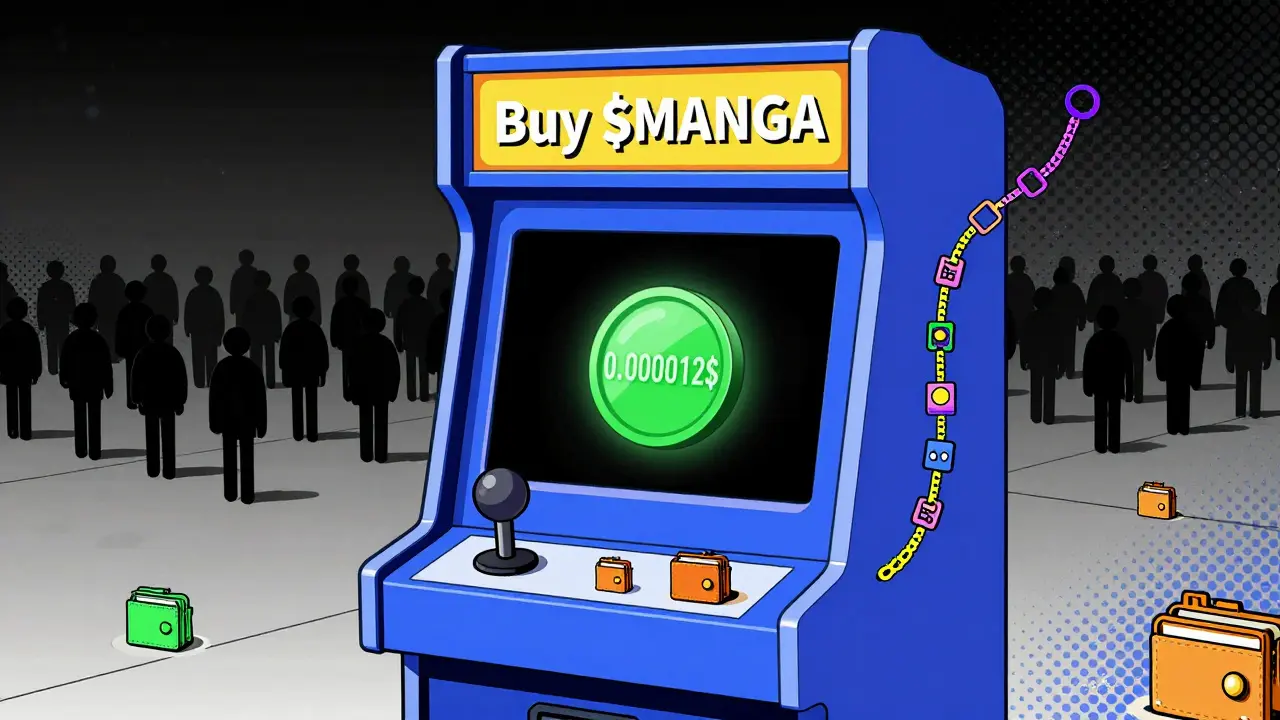 Interface arcade stylisée de PancakeSwap avec un seul jeton $MANGA et une foule presque vide.