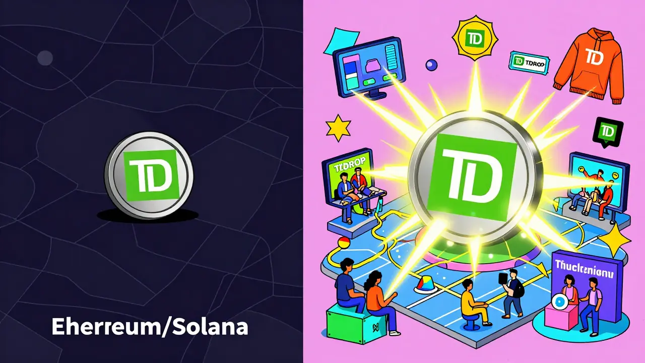 Jeton TDROP isolé sur une blockchain étrangère à gauche, et actif dans un écosystème Theta animé à droite, en style Memphis.