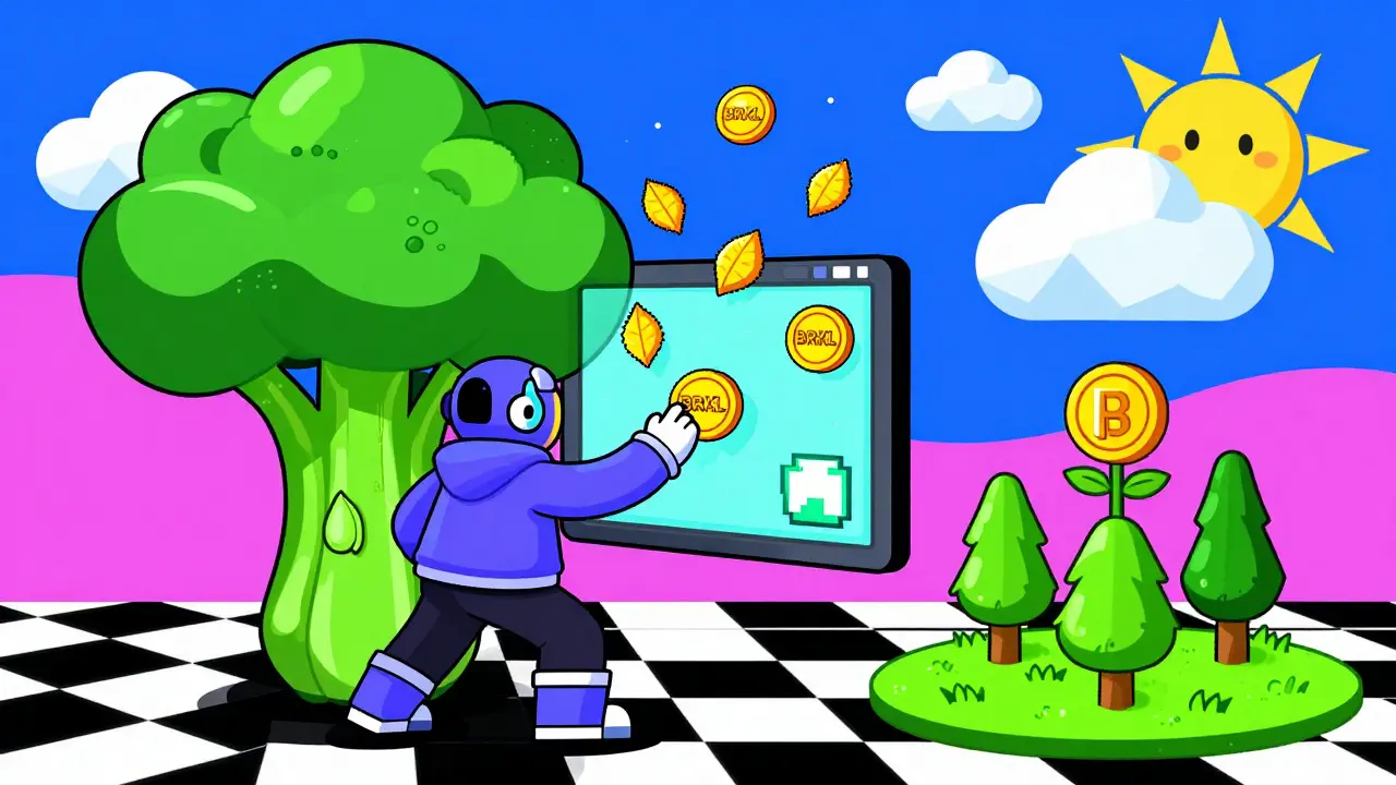 Joueur dans un jeu NFT qui gagne des jetons BRKL qui se transforment en forêt numérique, style Memphis.