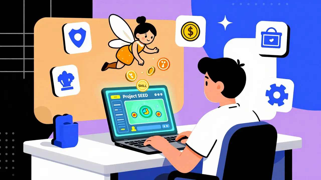 Joueur recevant des jetons SHILL d'une fée virtuelle pendant qu'il joue à Project SEED sur son ordinateur.
