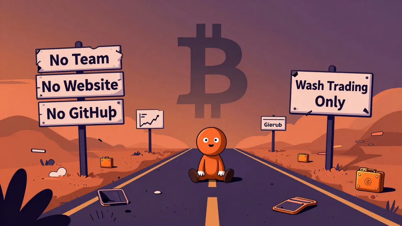 Le mascotte BITTY abandonné sur une route blockchain, entouré de panneaux d'avertissement et une ombre de Bitcoin.