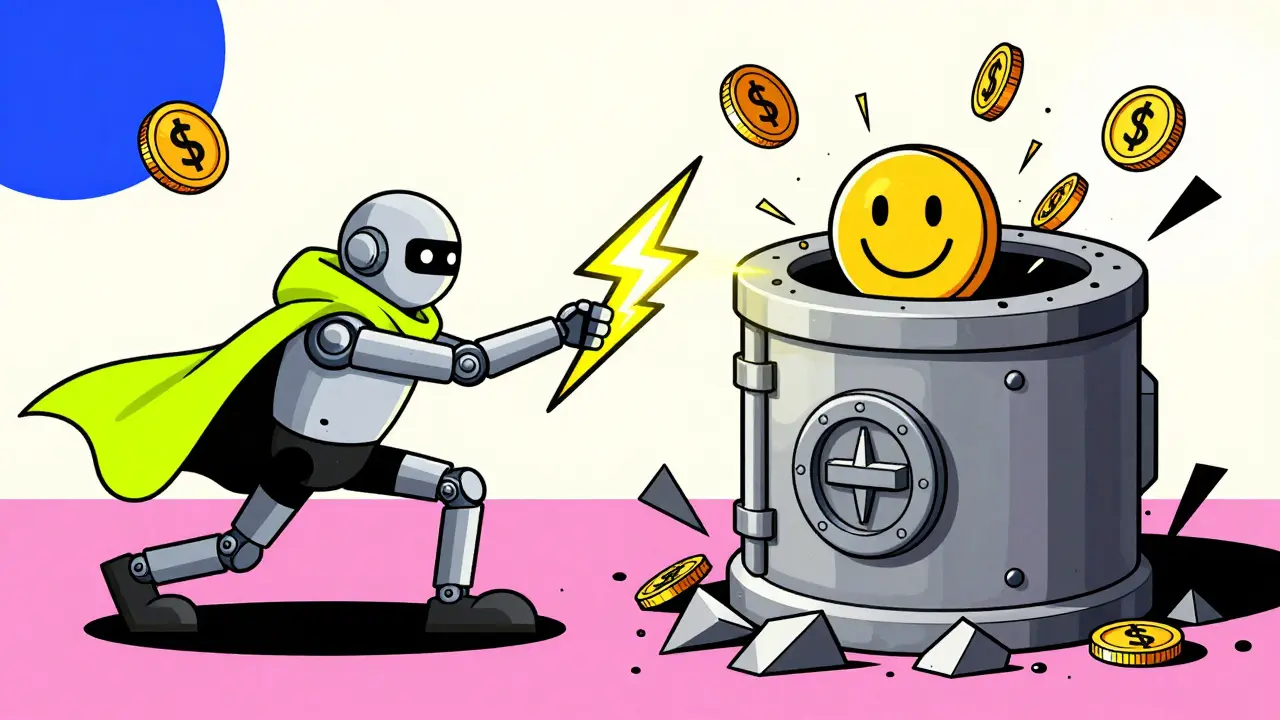 Liquidation automatisée d'un actif sous-collatéralisé avec un robot et des jetons en style Memphis.