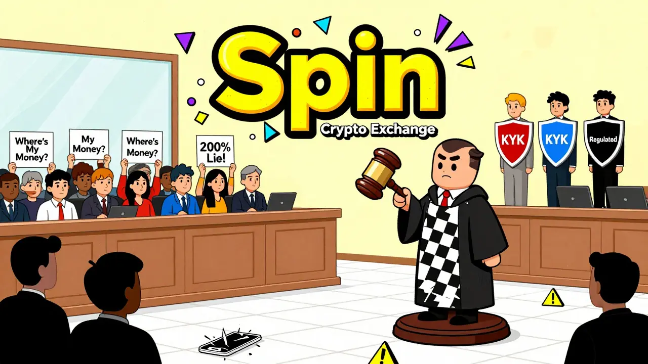 Logo Spin Crypto en procès devant des témoins légitimes comme Kraken et Coinbase.