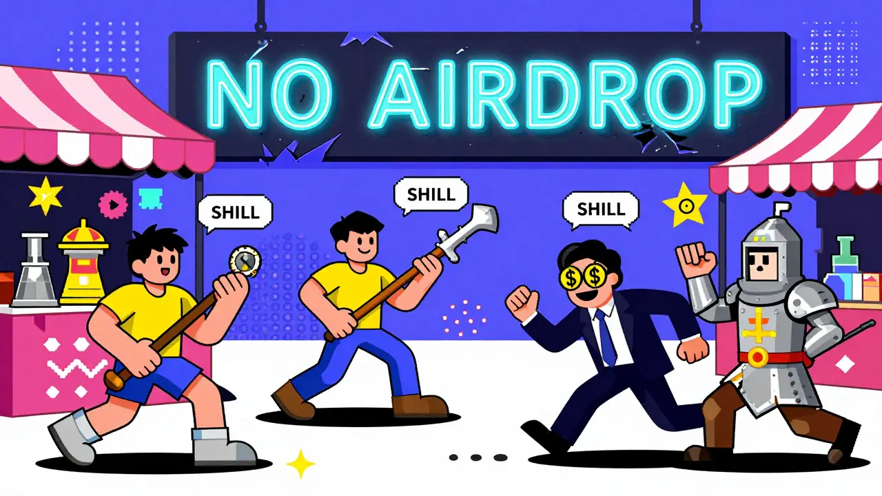 Marché de jeu avec des échanges de biens et un signe 'NO AIRDROP' qui s'effondre, style Memphis coloré et stylisé.