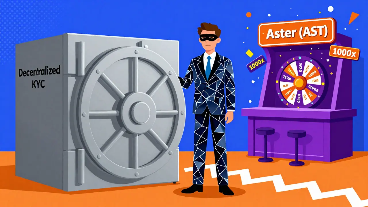 Notaire numérique Astra Protocol à côté d'une banque de trading flashy Aster, style Memphis coloré.