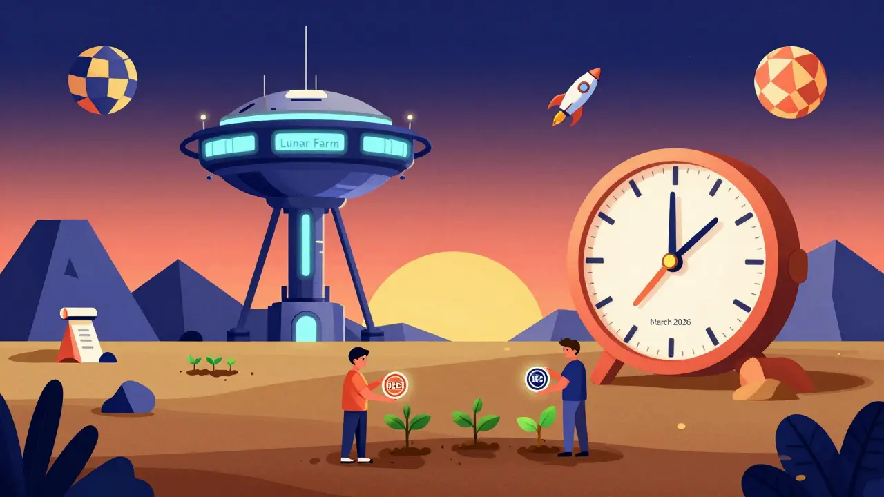 Paysage lunaire avec une station 'Lunar Farm' où des utilisateurs plantent des NFT sous un ciel géométrique.
