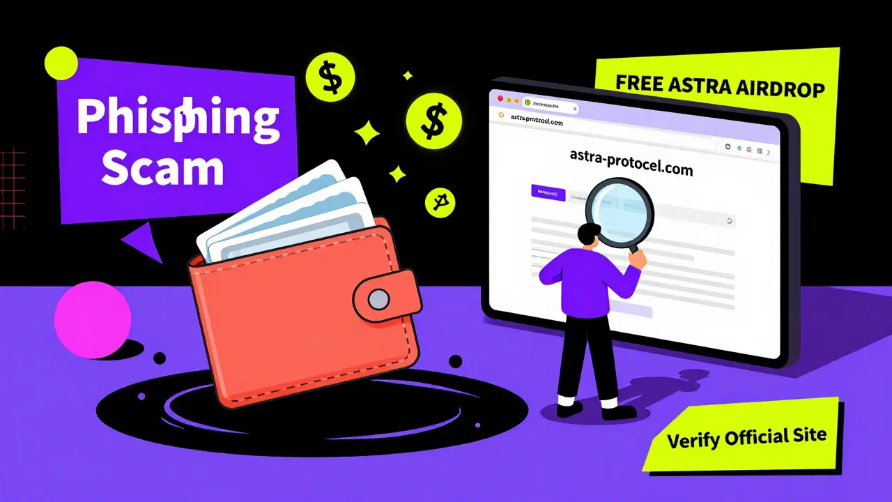 Portefeuille aspiré par un piège phishing, héros vérifie le site officiel, motifs géométriques vifs.