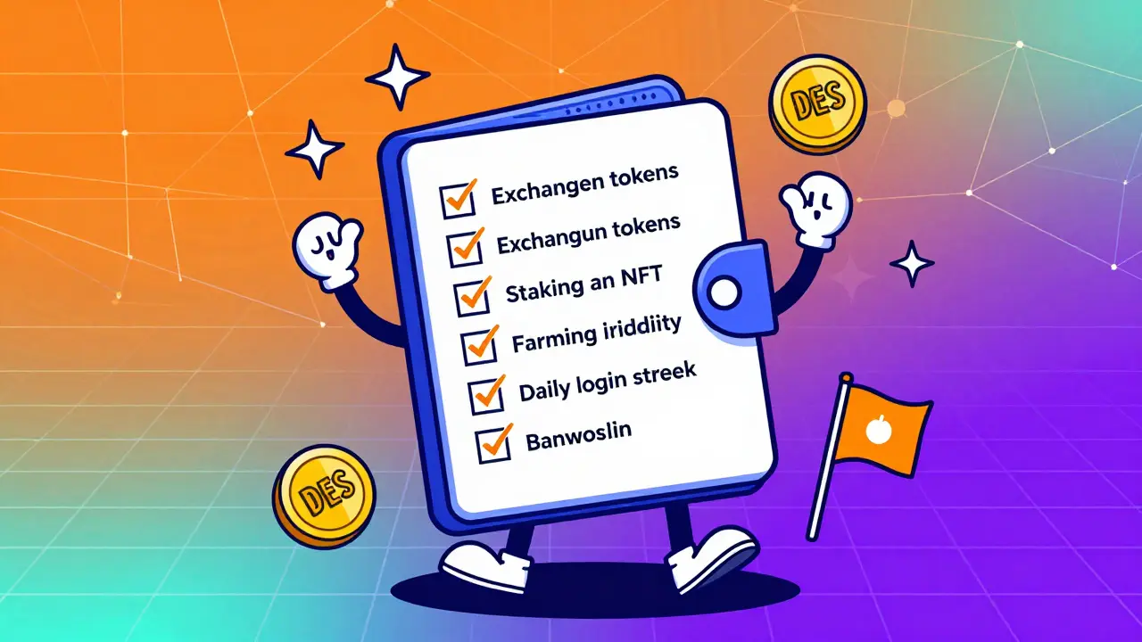 Portefeuille cartoon effectue cinq tâches crypto avec des étoiles de points et des tokens DES en mouvement.