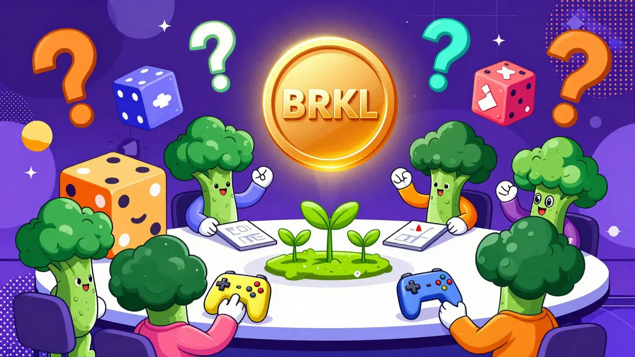 Salle de vote DAO avec des personnages à tête de brocoli utilisant des dés colorés pour voter sur des projets écologiques.