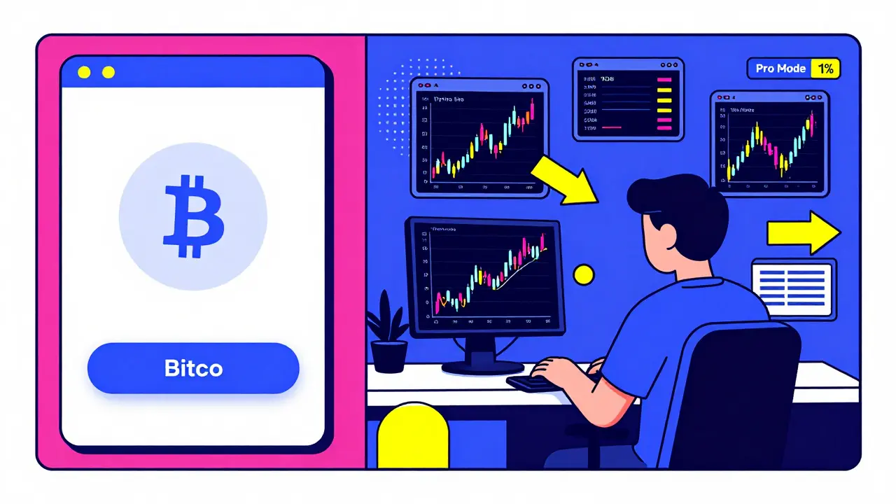 Scène comparant le mode débutant et trader pro sur CoinDCX, avec des graphiques et indicateurs stylisés.