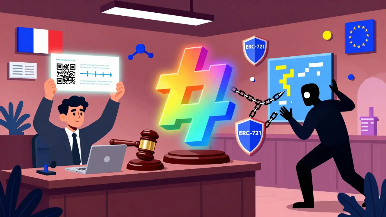 Scène de tribunal où une preuve blockchain bloque un voleur d'œuvre, en style Memphis aux couleurs vives.