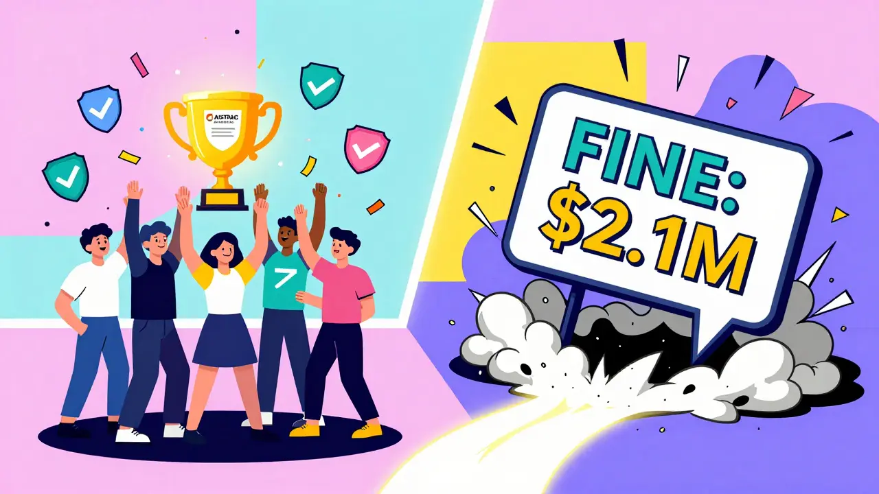 Scène divisée : équipe heureuse avec un certificat d'enregistrement AUSTRAC vs entreprise en ruine avec une amende géante, style Memphis.