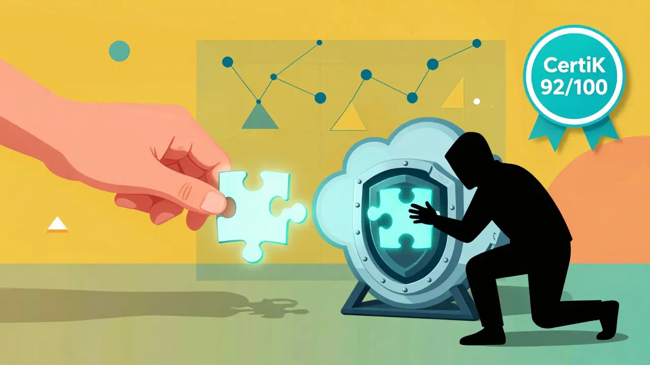 Sécurité MPC sur CoinDCX : les trois morceaux de la phrase de récupération protégés par un bouclier géométrique.