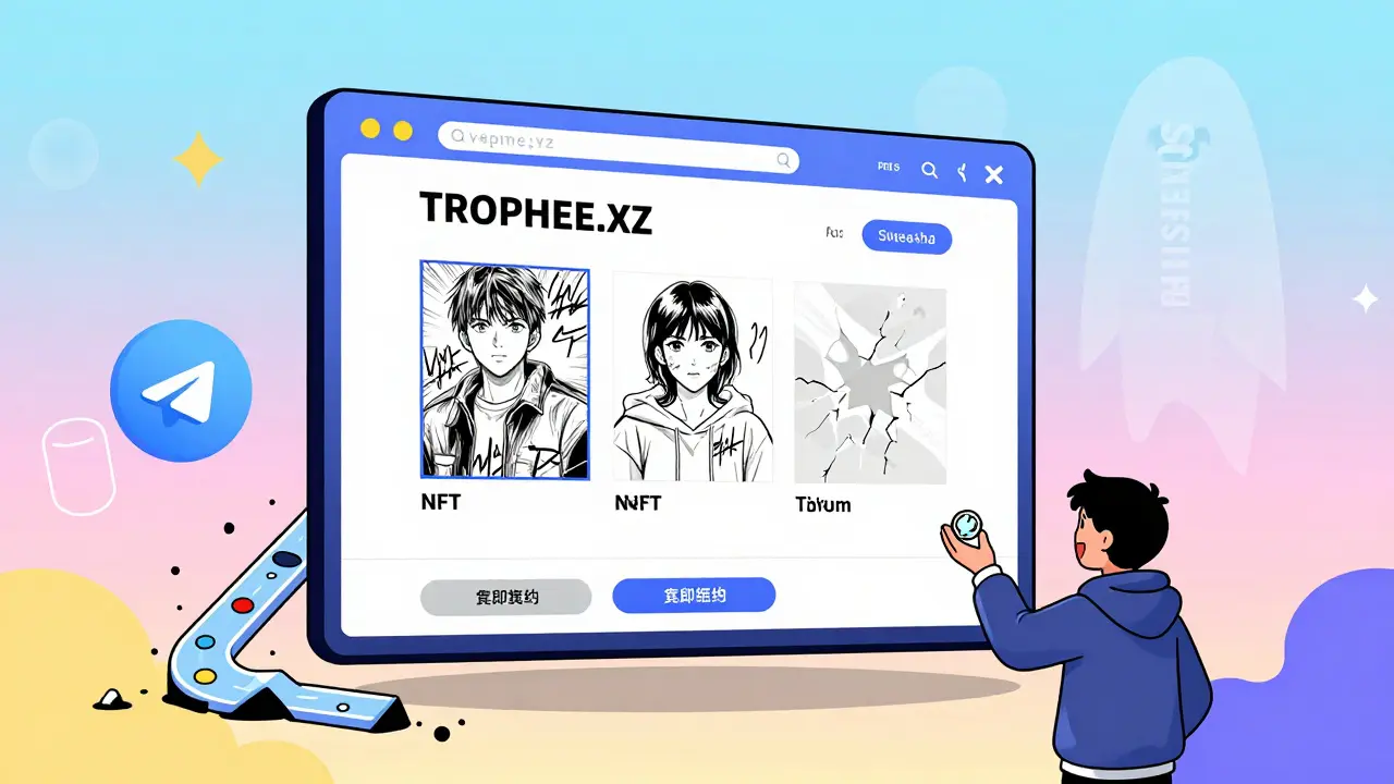 Site Trophee.xyz isolé avec des NFT décolorés et un fan qui tente de les saisir.