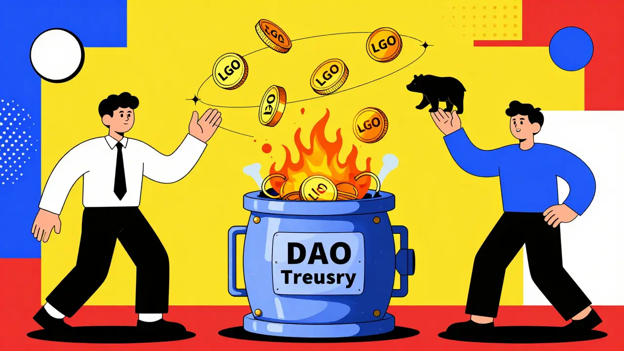 Trader, courtier et fournisseur interagissent avec des jetons LVL et LGO dans un système de brûlage et de trésor DAO stylisé.