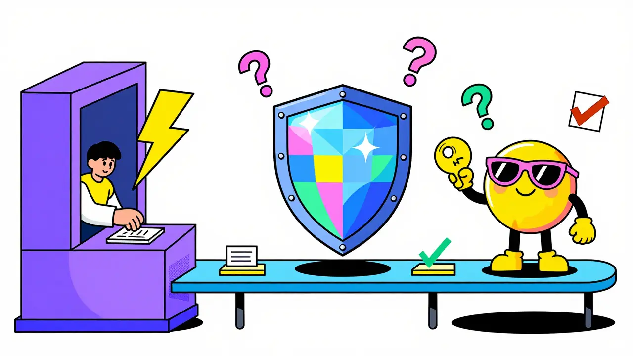 Transaction crypto hybride avec clés publique, privée et chiffrement AES en style cartoon.