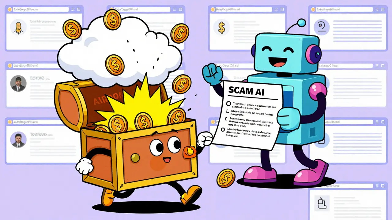 Un coffre aux trésors explose en jetons falsifiés, un portefeuille fuit, un robot AI tricheur imprime de faux témoignages.