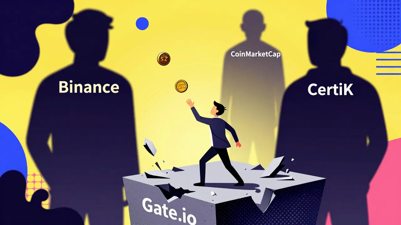 Un investisseur seul sur une plateforme en ruine tente de rattraper un jeton STZ qui s'évapore.