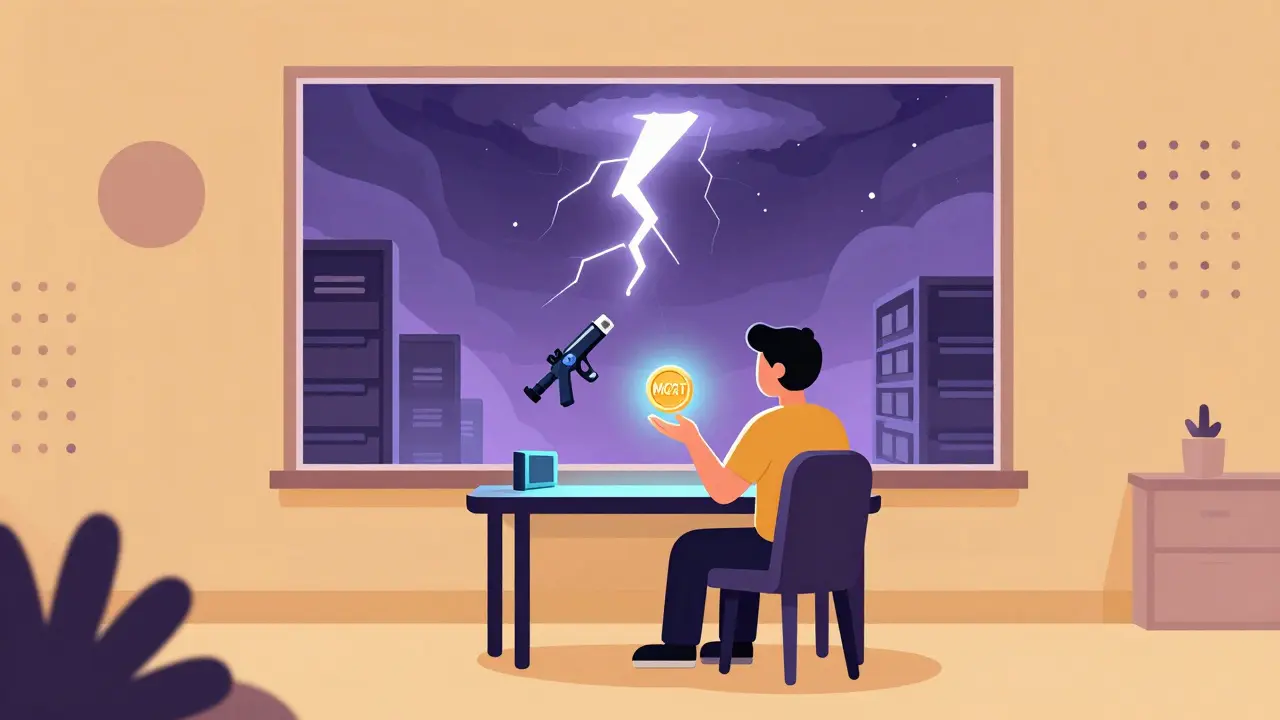 Un joueur calme prépare son portefeuille pour le prochain airdrop, entouré d'objets NFT dans un style Memphis apaisant.