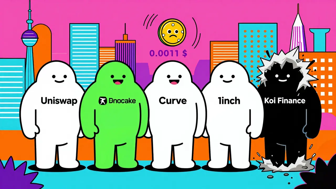 Un petit token KOI triste tombant dans un vortex de prix, tandis que d'autres DEX géants dominent le paysage.