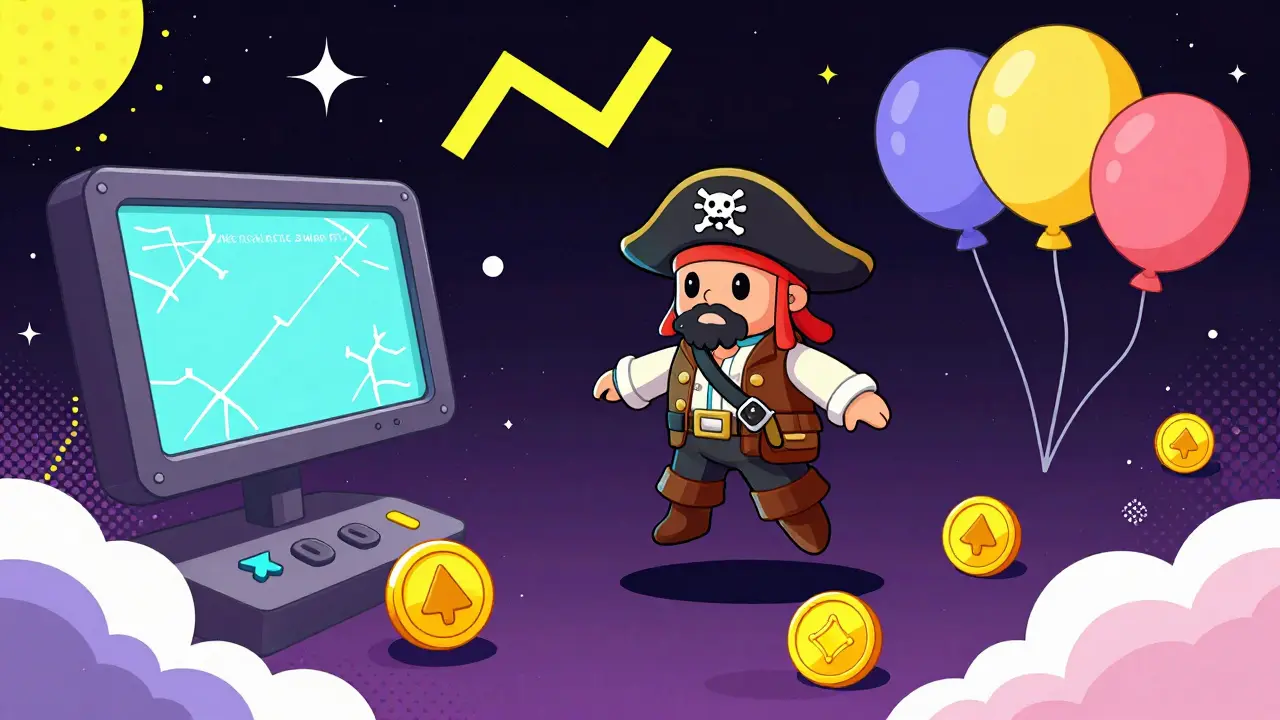 Un pirate spatial solitaire flottant parmi des éléments de jeu abandonnés et des jetons MEGALAND.