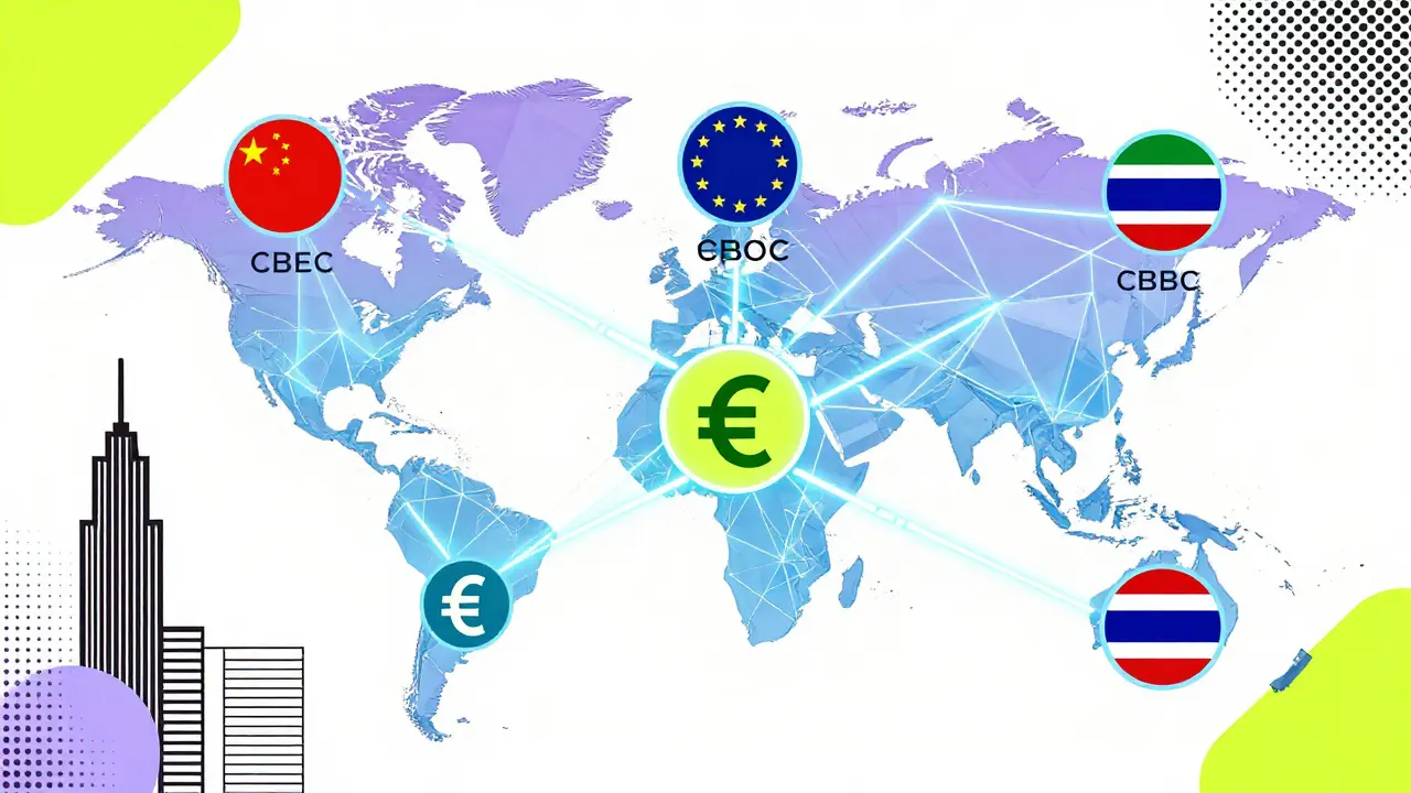 Un réseau mondial de CBDC connectées par des formes géométriques lumineuses, représentant des transferts rapides entre pays.