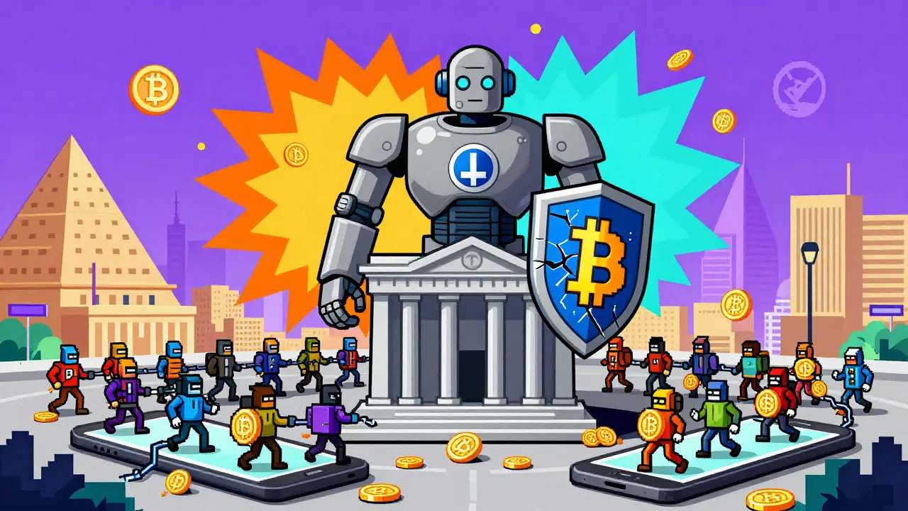 Un robot banque centrale lutte contre une armée de crypto-monnaies géométriques dans une ville égyptienne.