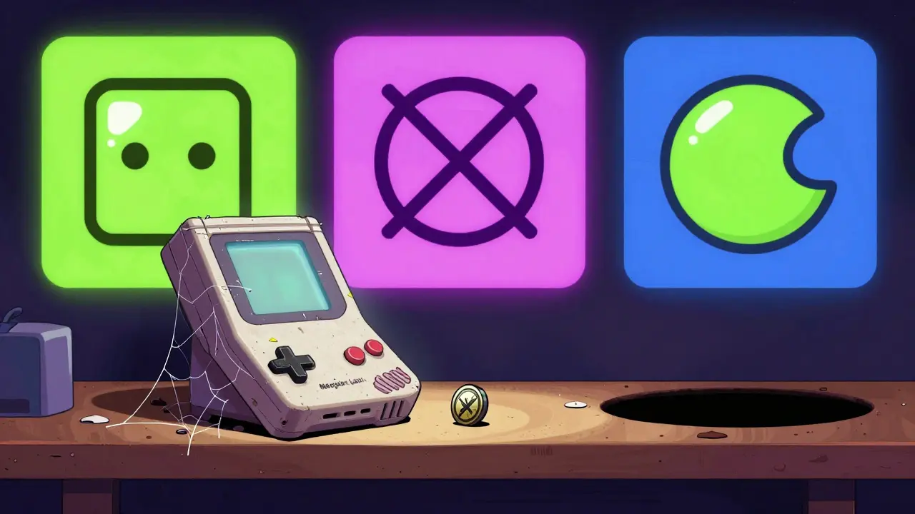 Une console oubliée étiquetée 'Metagalaxy Land 2021' avec un jeton MEGALAND qui roule vers l'ombre.