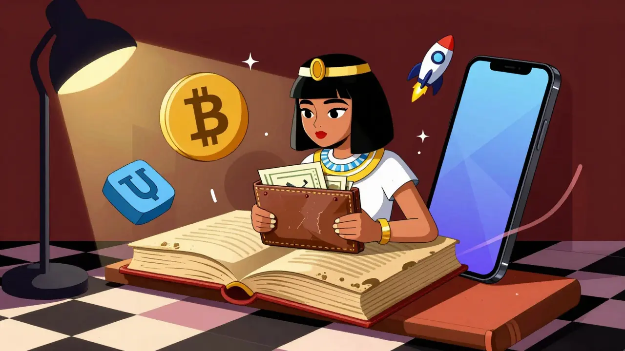 Une femme cache une clé privée sur papier dans un livre, entourée de symboles crypto abstraits.