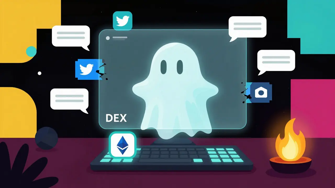 Une interface DEX fantôme sans boutons, entourée d'icônes sociales effondrées, dans un style Memphis coloré.