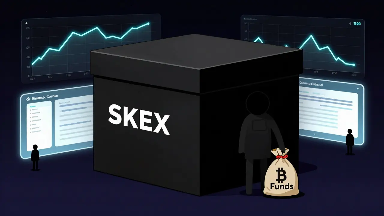 Une personne hésitant devant une boîte noire sans accès, symbolisant l'absence de transparence de SKEX.