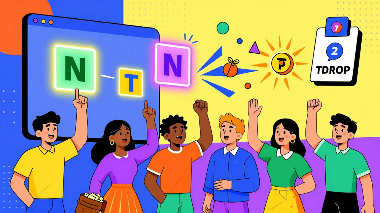Utilisateurs célébrant dans un marché NFT stylisé, des jetons TDROP en forme de triangles et cercles explosent en arrière-plan lors d'achats.
