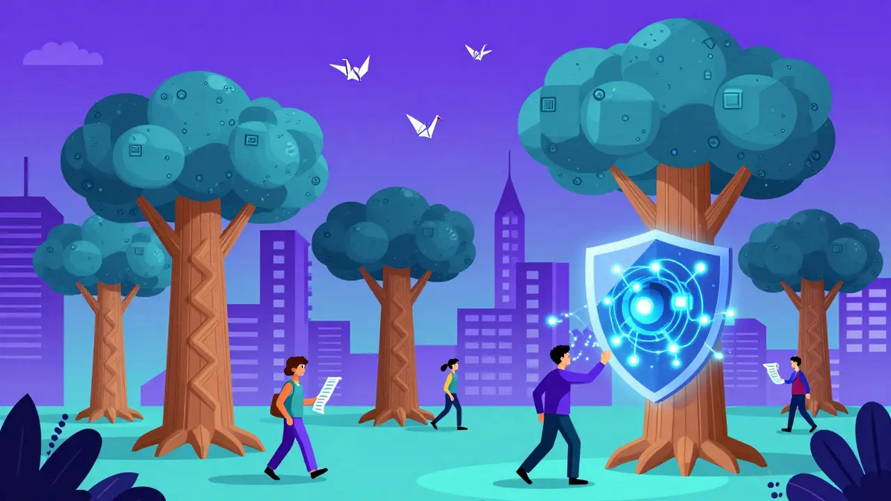 Ville futuriste avec des arbres de Merkle comme immeubles, protégés d’un ordinateur quantique.