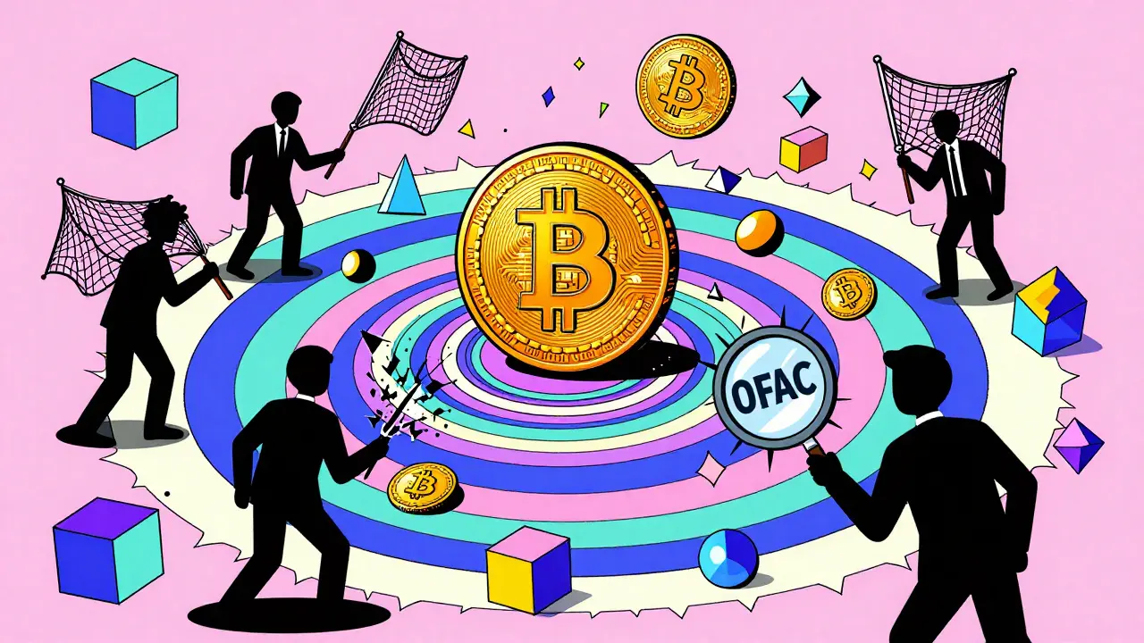 Vortex DeFi avec des contrats intelligents et des figures tentant de bloquer les flux, en style Memphis vif et abstrait.