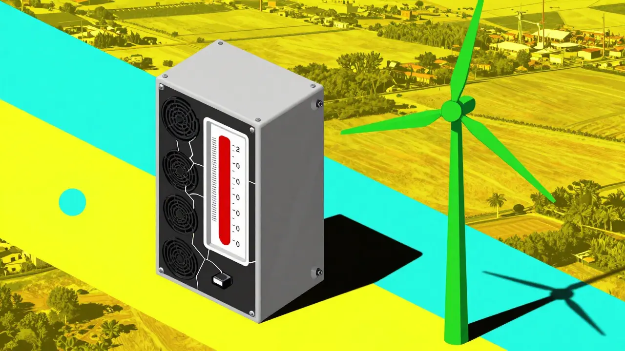 ASIC obsolète et compteur rouge vs éolienne verte, motifs Memphis