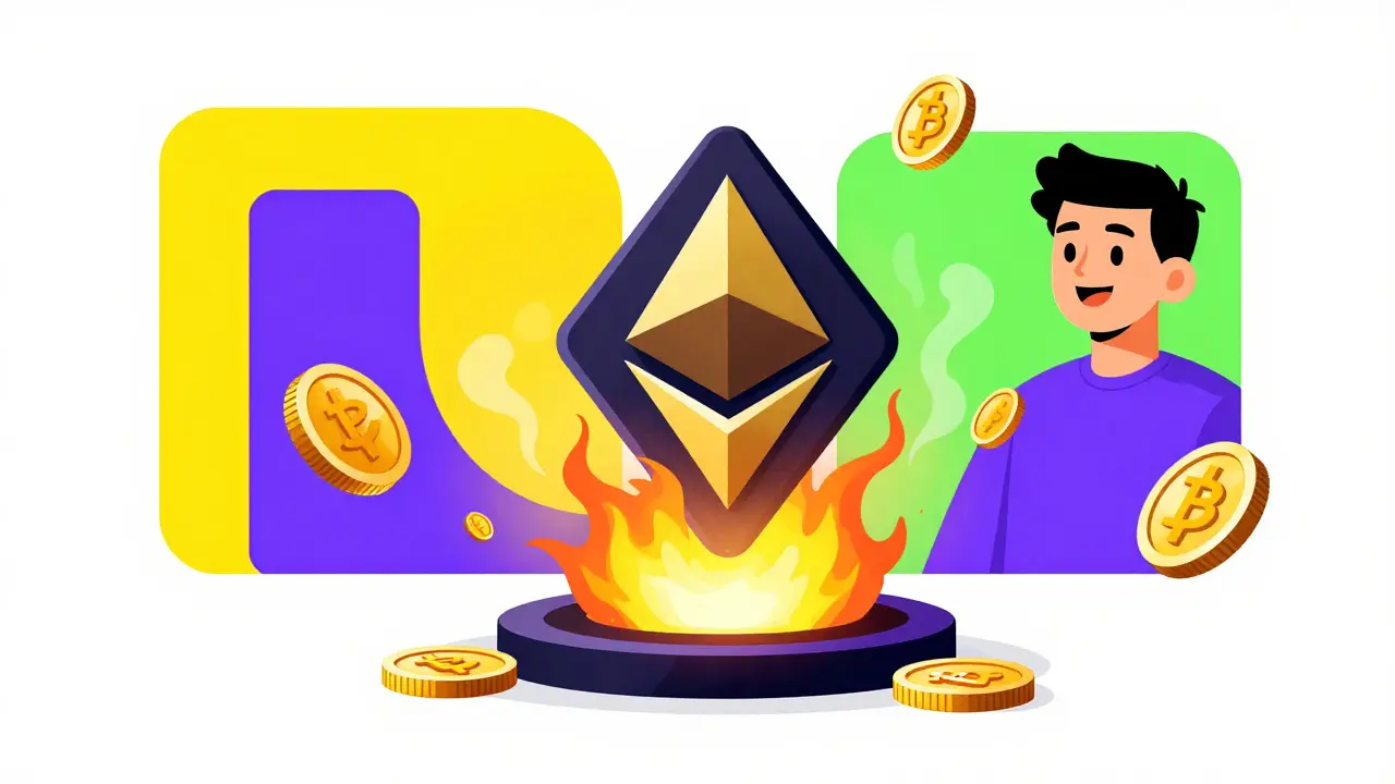 Bloc Ethereum moderne avec un frais de base en feu, des pièces ETH disparaissant en fumée, et un petit pourboire qui monte vers un validateur souriant.