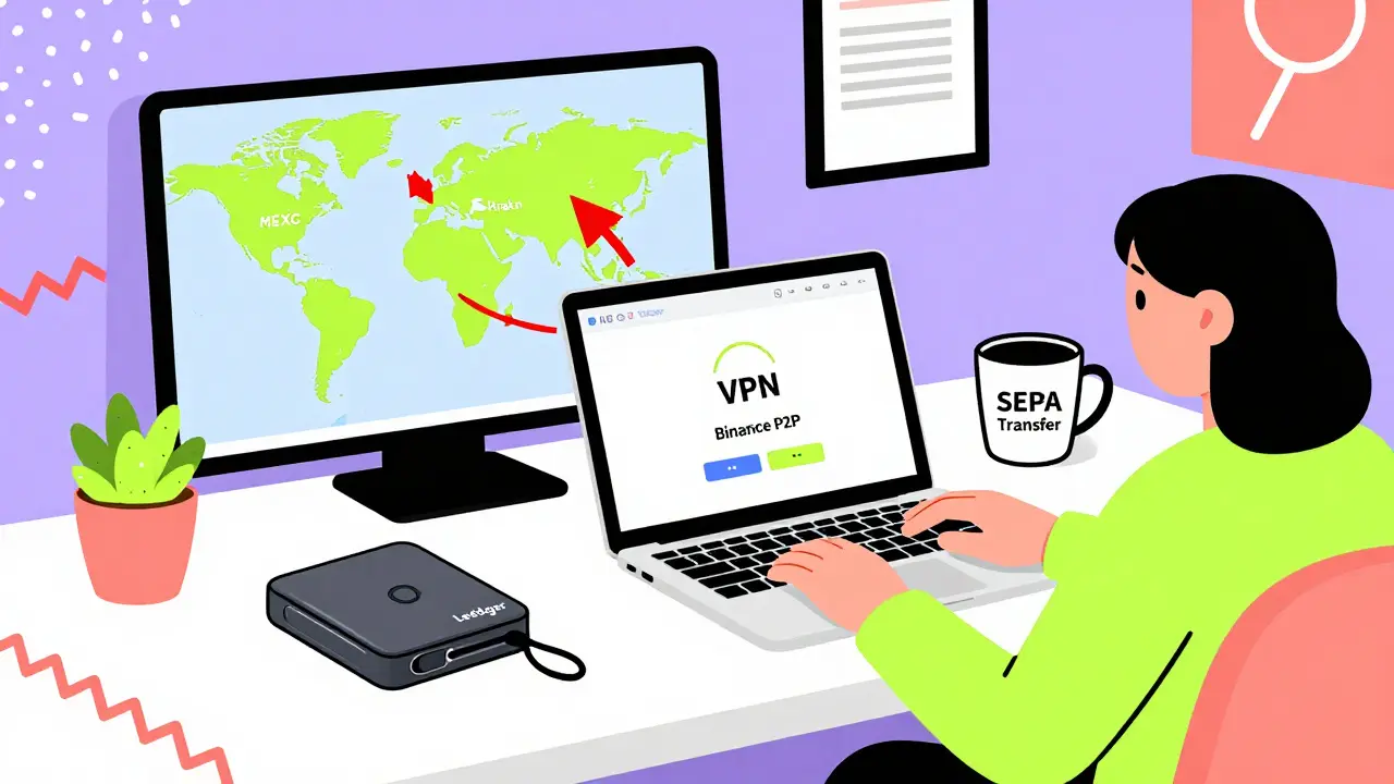 Bureau à Beijing avec un portefeuille crypto, un VPN et des plateformes internationales, style Memphis coloré.