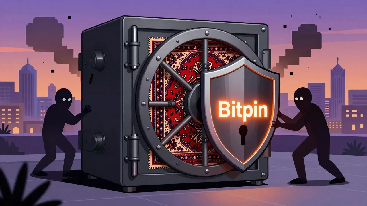 Coffre-fort numérique sécurisé avec clés en forme de tapis persans, protégé par une authentification à deux facteurs en motifs géométriques.