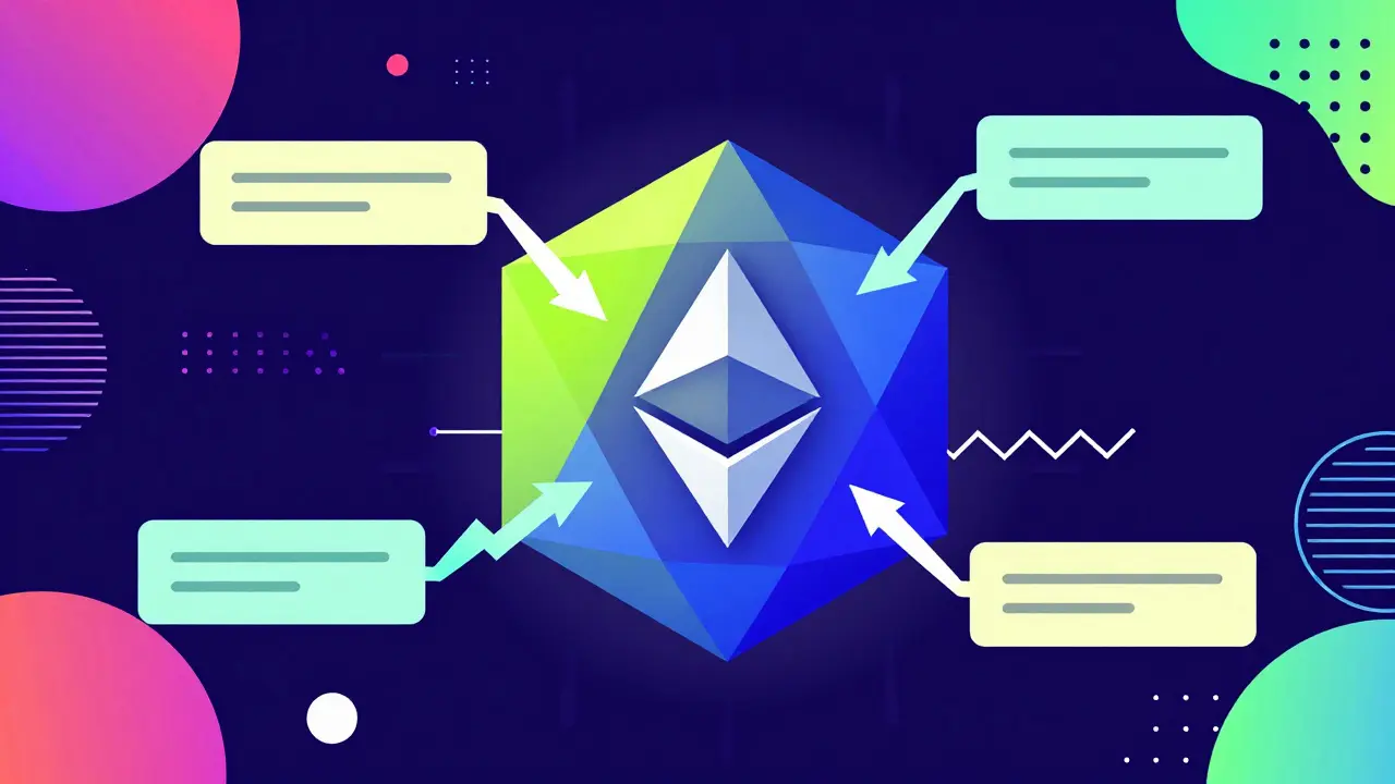 Contrat intelligent géométrique avec données circulant entre Ethereum et Polygon en style Memphis.