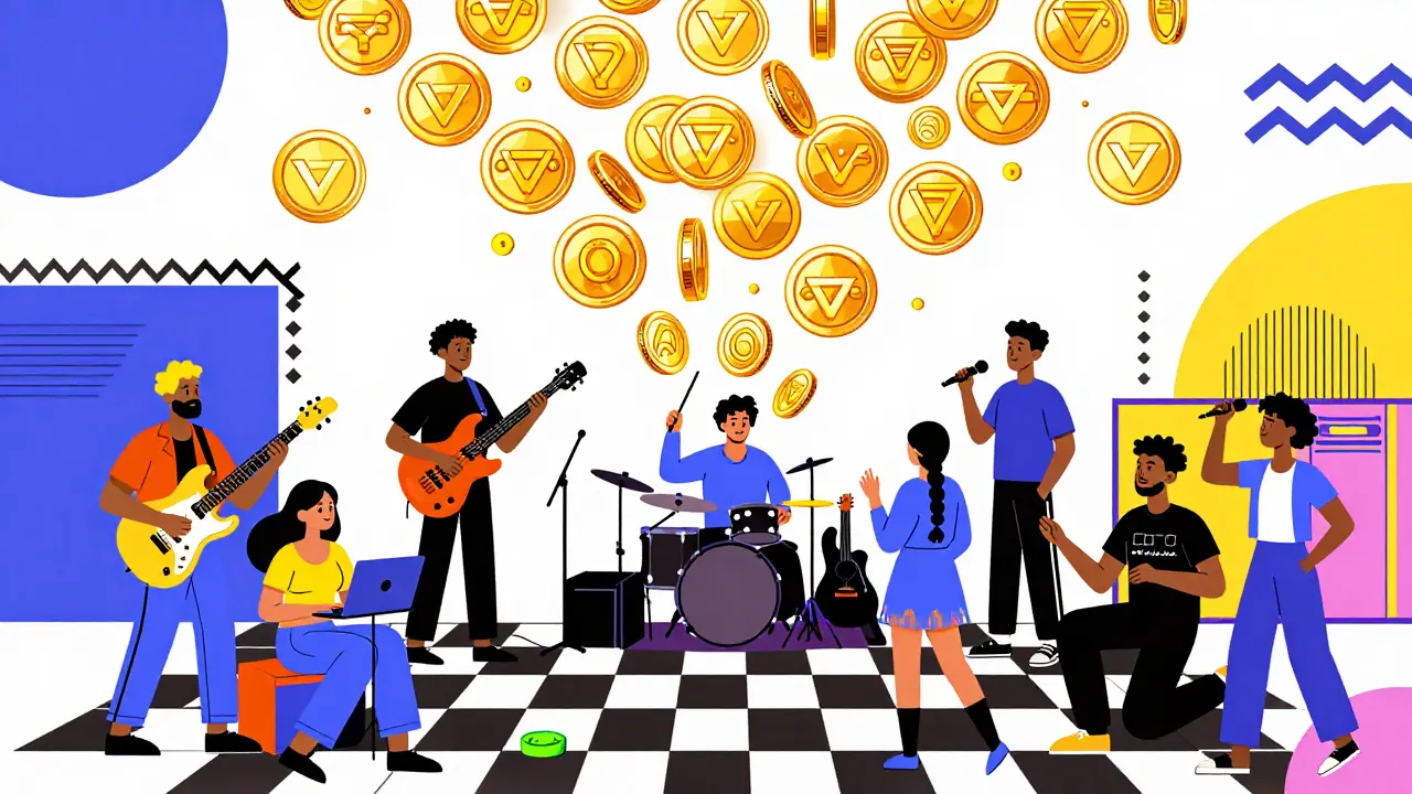 Des jetons HUSL tombent sur des musiciens et fans sous un réseau blockchain avec des motifs géométriques colorés.