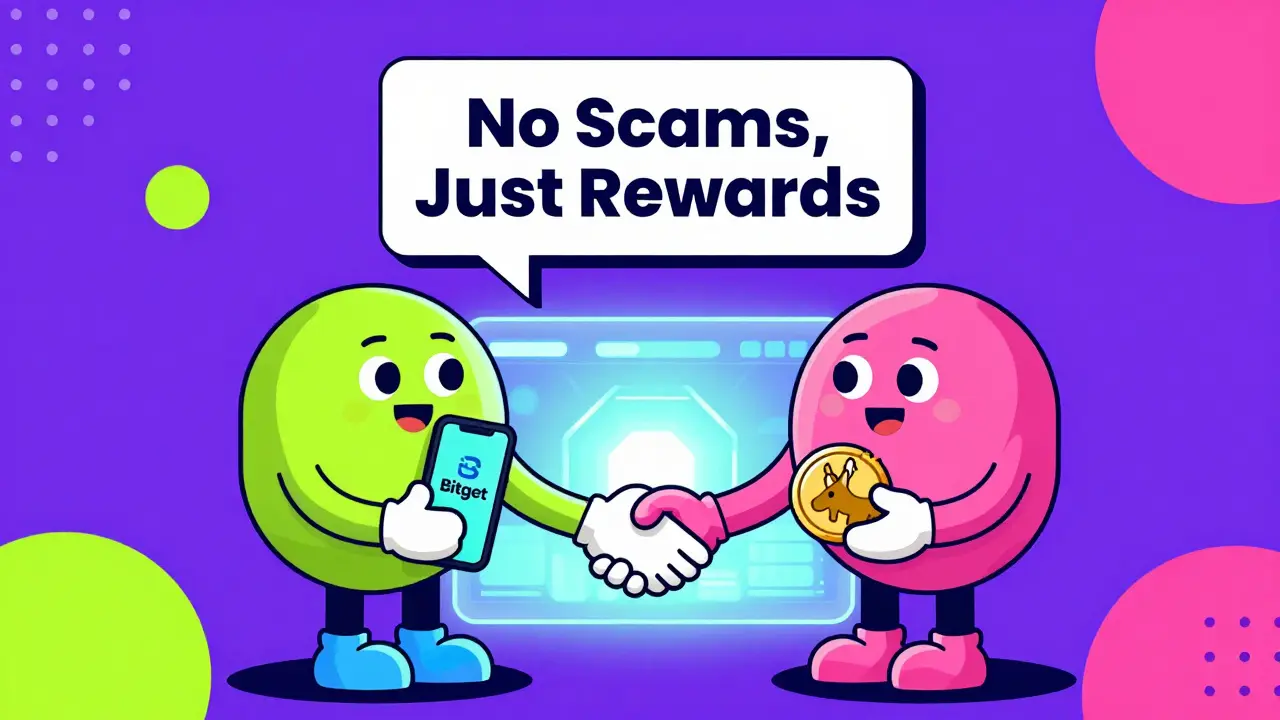 Deux personnages cartoon échangent un jeton DONK sur un écran Bitget, avec un message 'Pas d'arnaque, juste des récompenses'.