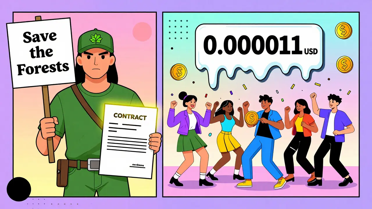 Deux scènes contrastées : un activiste écologique et une fête de memecoins, avec des tokens flottants.