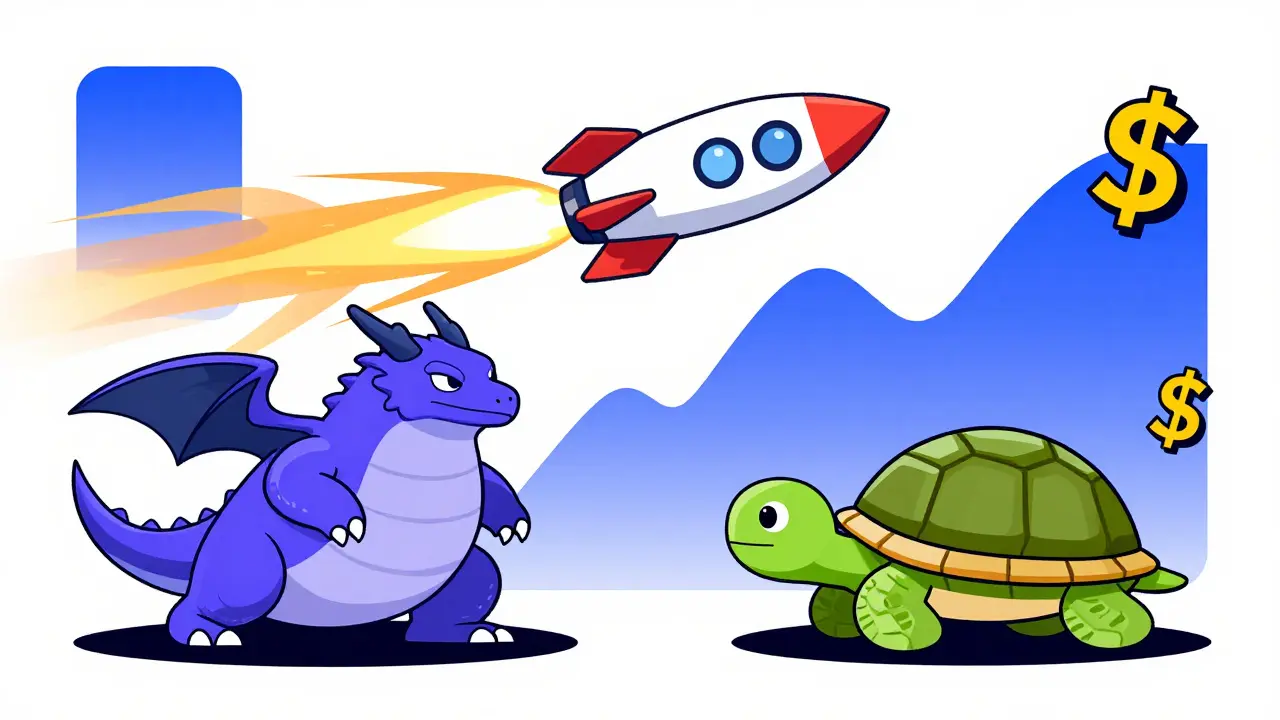 DragonSwap en fusée qui dépasse d'autres DEX stylisés comme un dragon et une tortue, dans un style Memphis coloré.