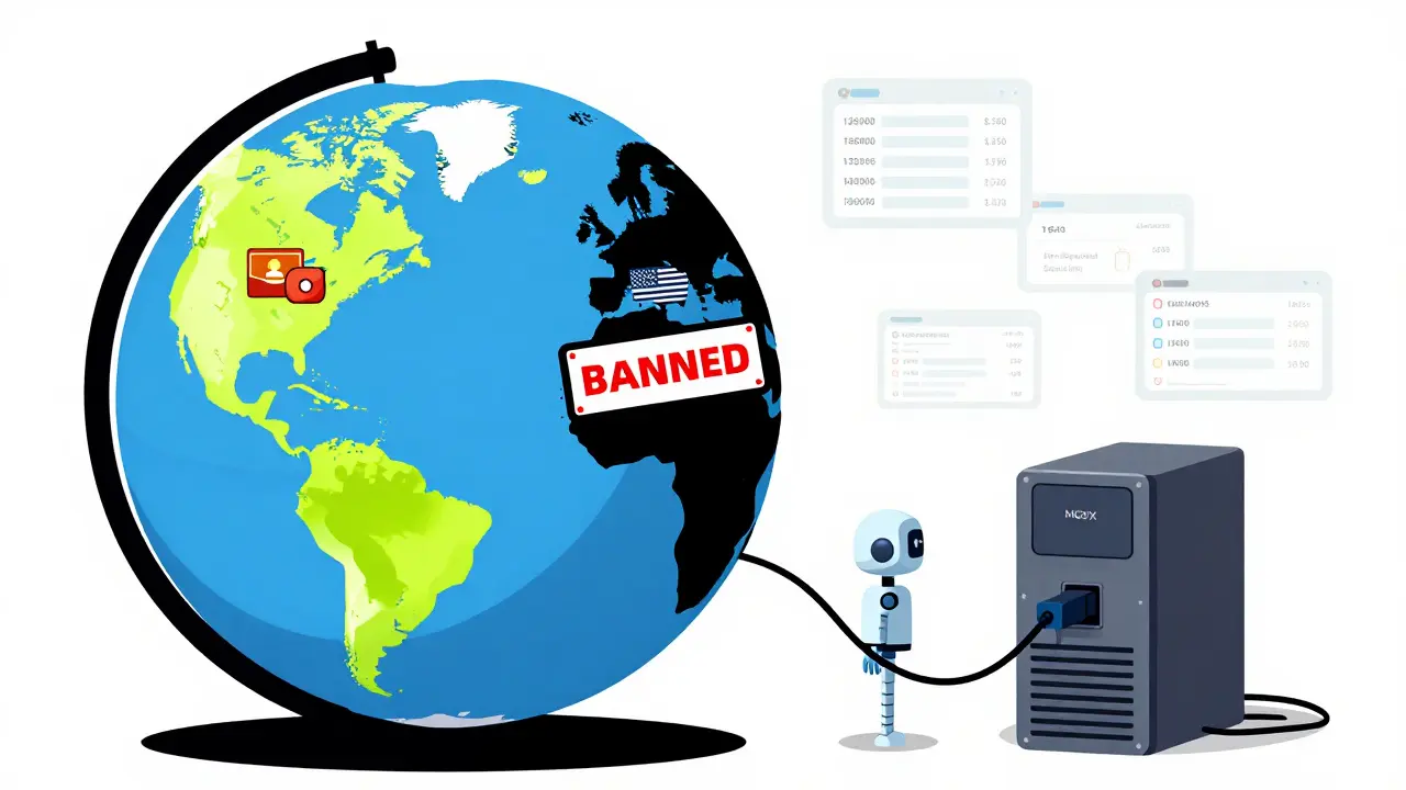 Globe montrant les zones non régulées où MGBX est utilisé, avec interdiction aux États-Unis et Hong Kong, style Memphis.