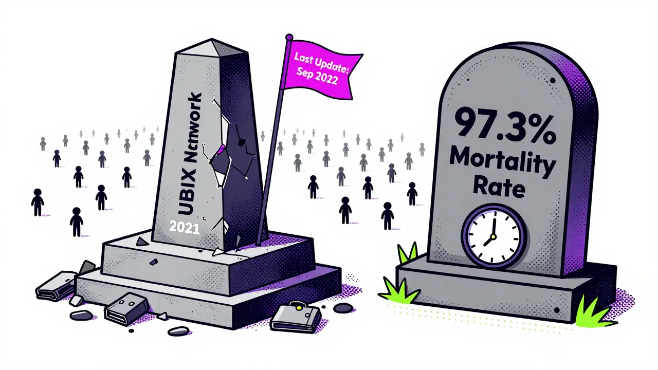 Monument en ruine de UBIX Network avec un taux de mortalité de 97,3 % et des portefeuilles disparus.