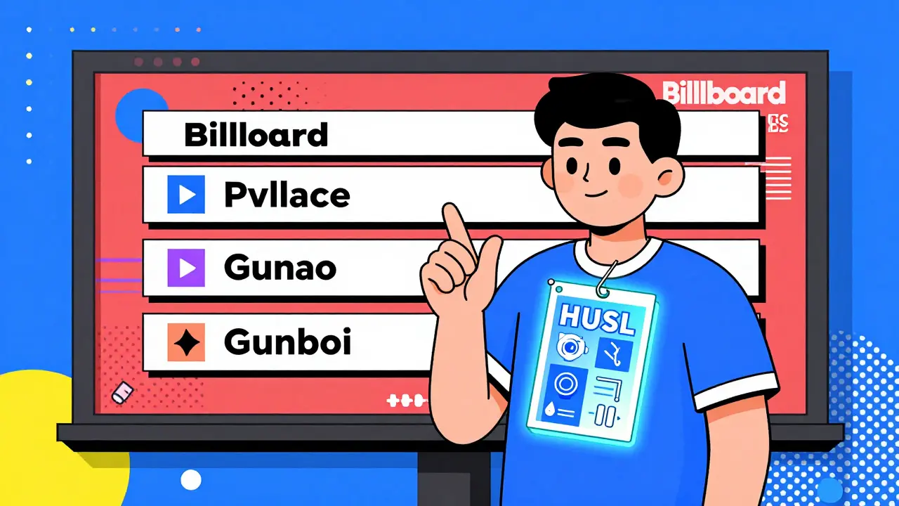 Producteur tenant un pack NFT HUSL avec des pistes séparées, derrière lui des charts Billboard célèbres.