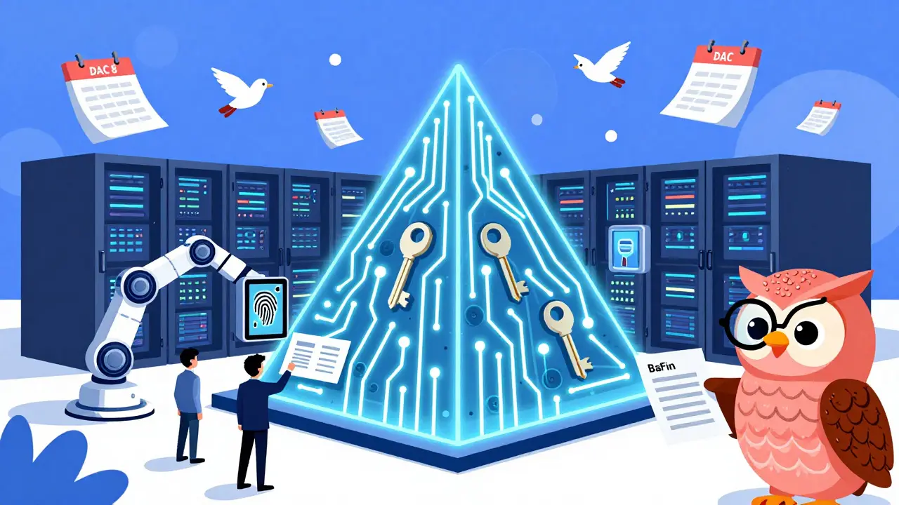 Robotic arms secure digital assets in a high-tech facility with DAC 8 themes.