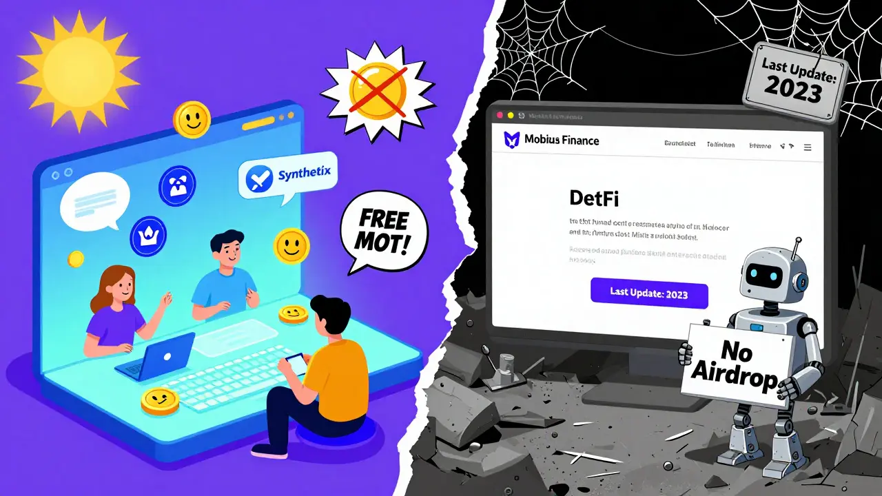 Scène divisée : un écosystème DeFi actif à gauche, un site Mobius abandonné à droite.