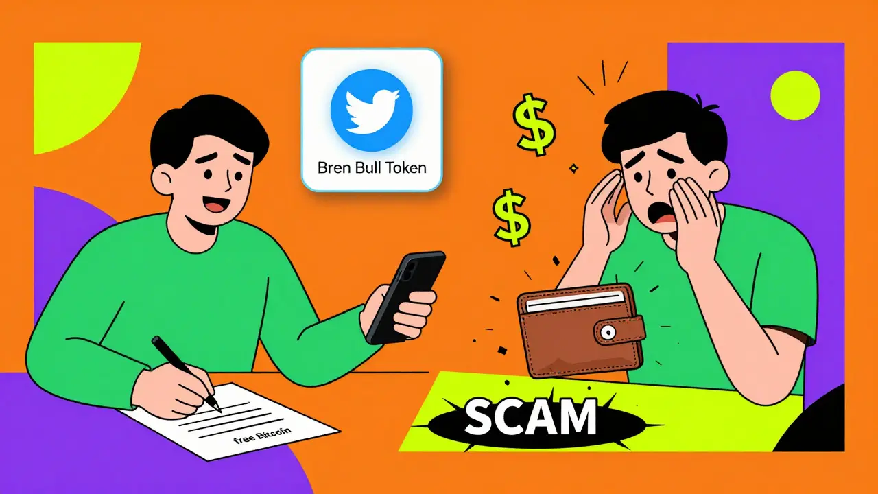 Scène en deux parties : une personne signe une transaction frauduleuse à gauche, son portefeuille vide à droite, avec des formes géométriques vibrantes.