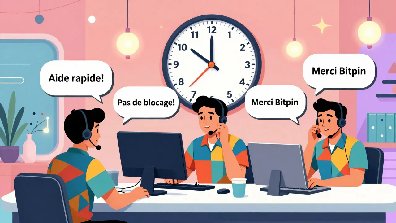 Service client 24/7 de Bitpin dans un bureau iranien aux couleurs vives, avec des bulles de dialogue en style Memphis.
